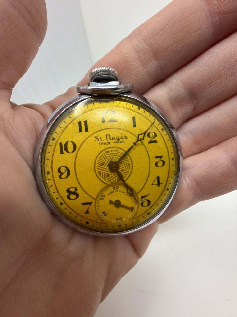 Vintage Ingraham St. Regis Trade Mark Wind-Up Pocket Watch with Yellow Art Deco